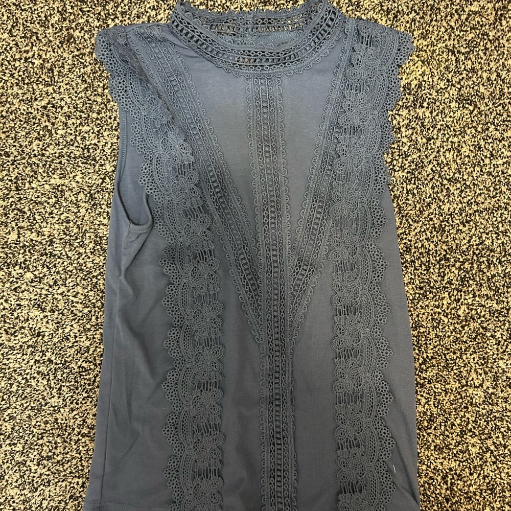 Ribbed Blue Gray Sleeveless Tank Top with Mandarin Collar